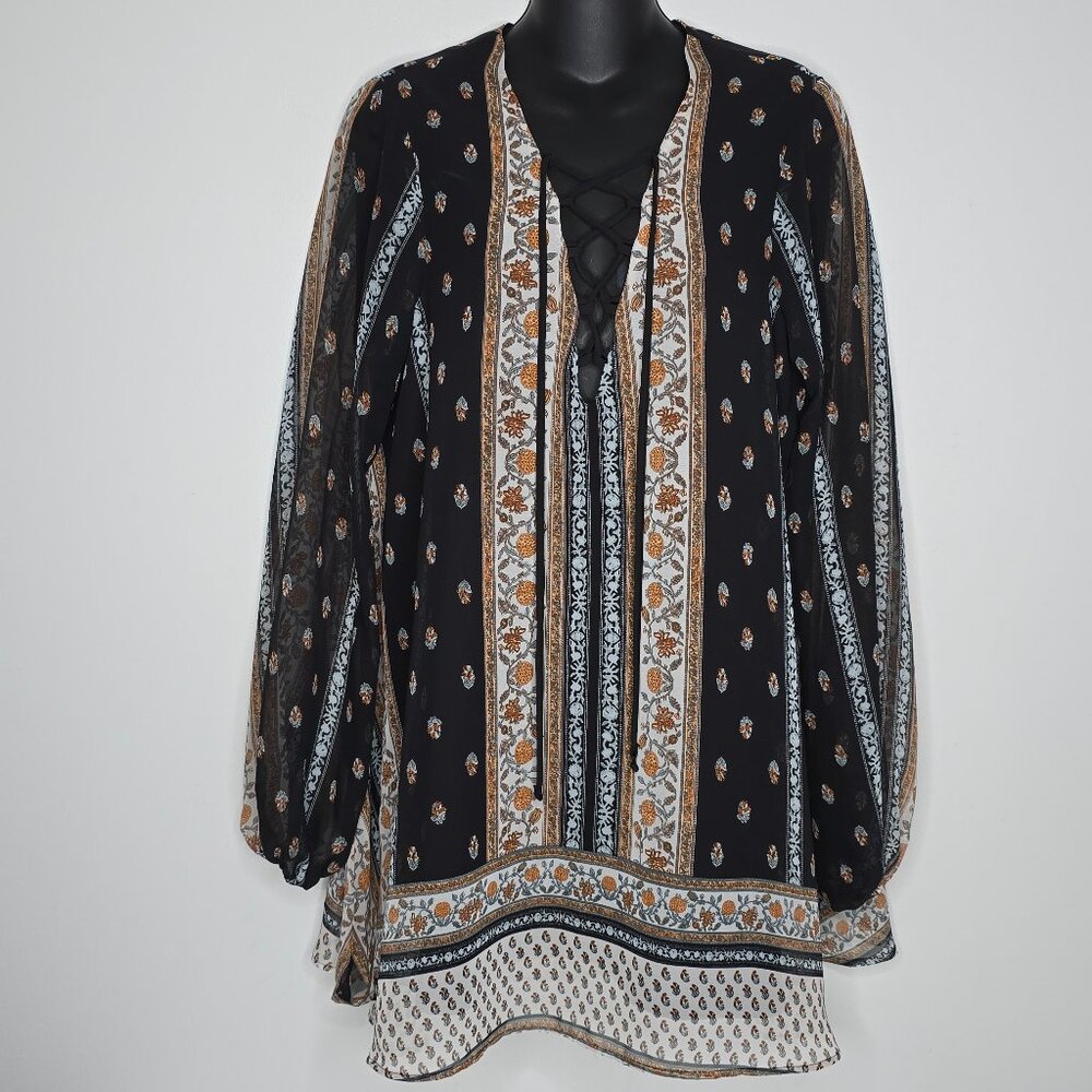 Show Me Your Mumu Womens Tunic Blouse Medium Sheer Boho Festival Flowy Lace Up